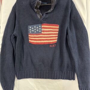Polo Ralph Lauren Vtg Mens Blue American Flag Knit Pullover Sweater RL 67 Large